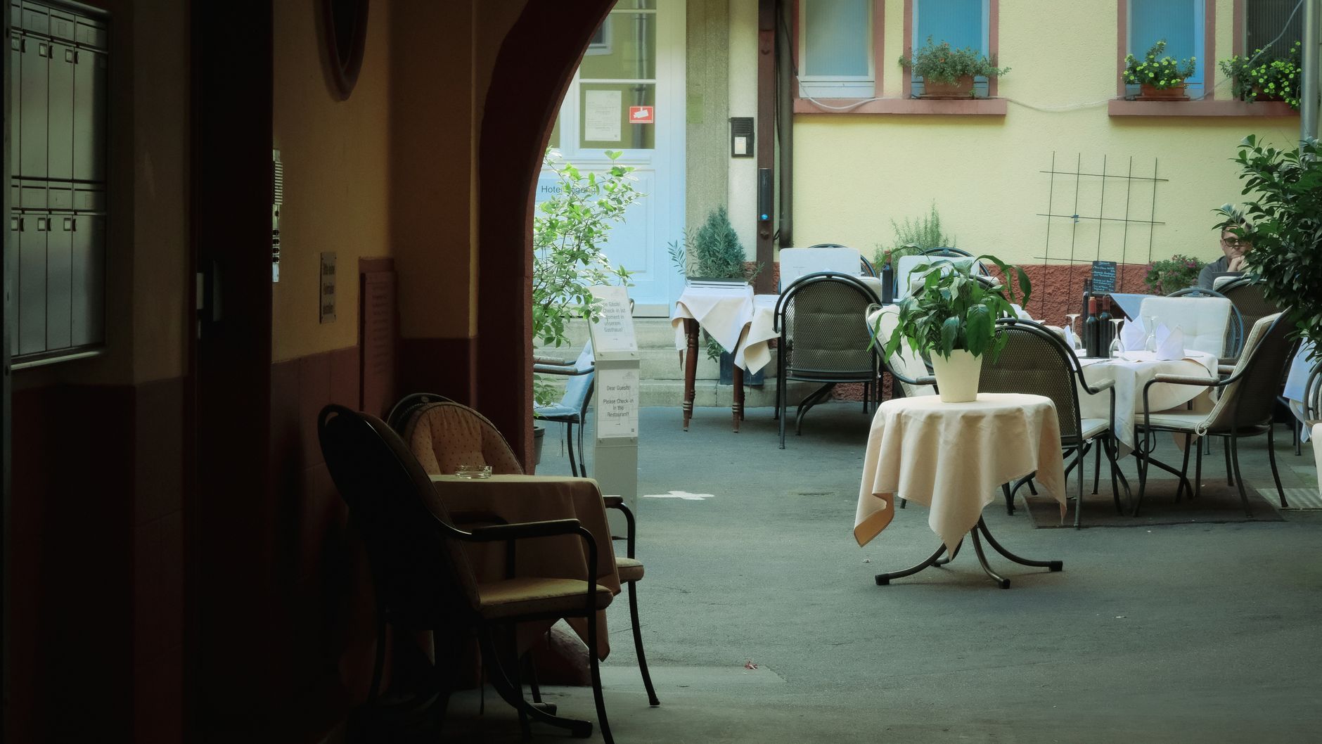 Patio con buganvilias y mesas de parota en Café del Sol